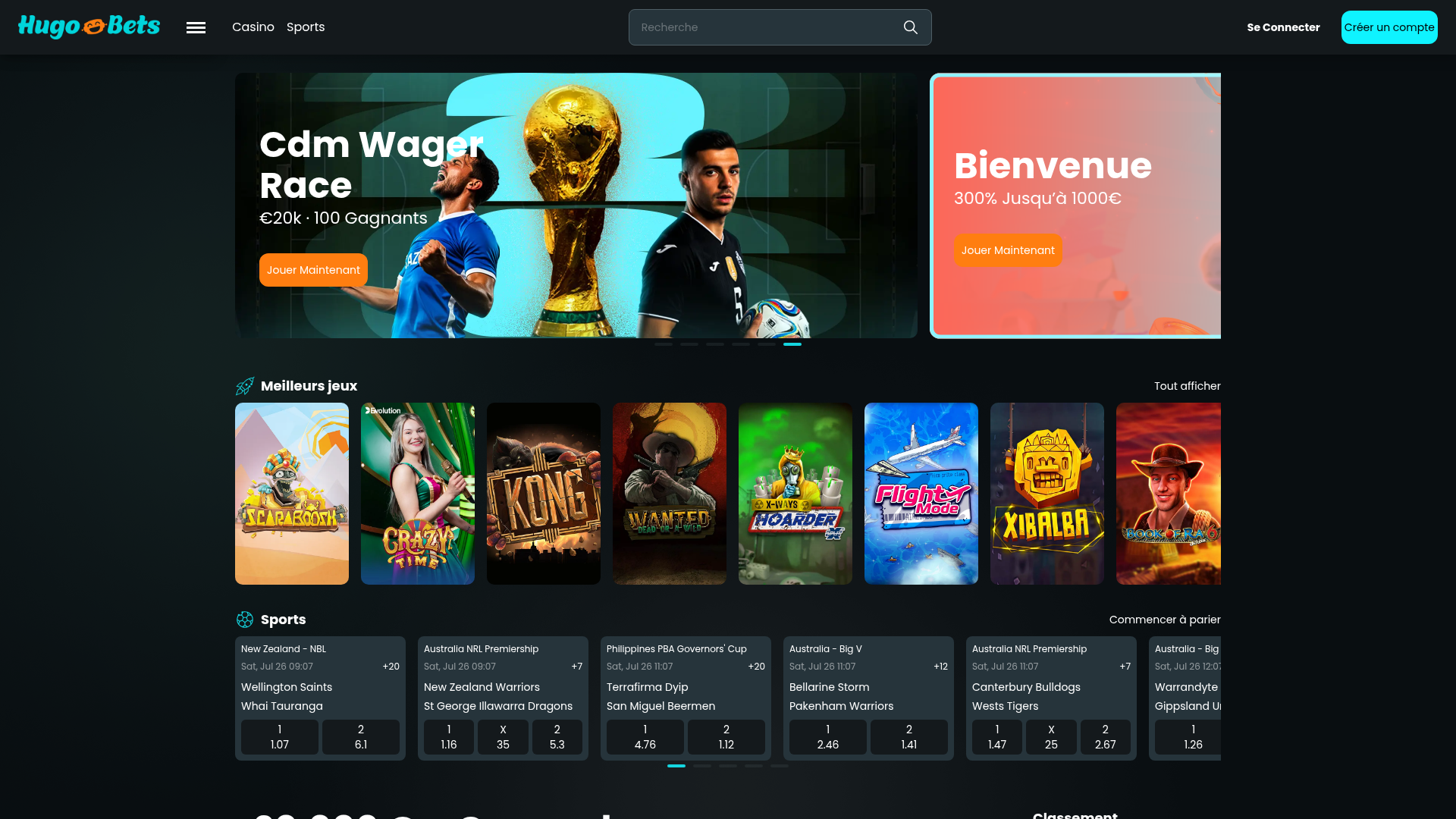 HugoBets, notre n°1 sans wager 2026 — capture d'écran juillet 2026