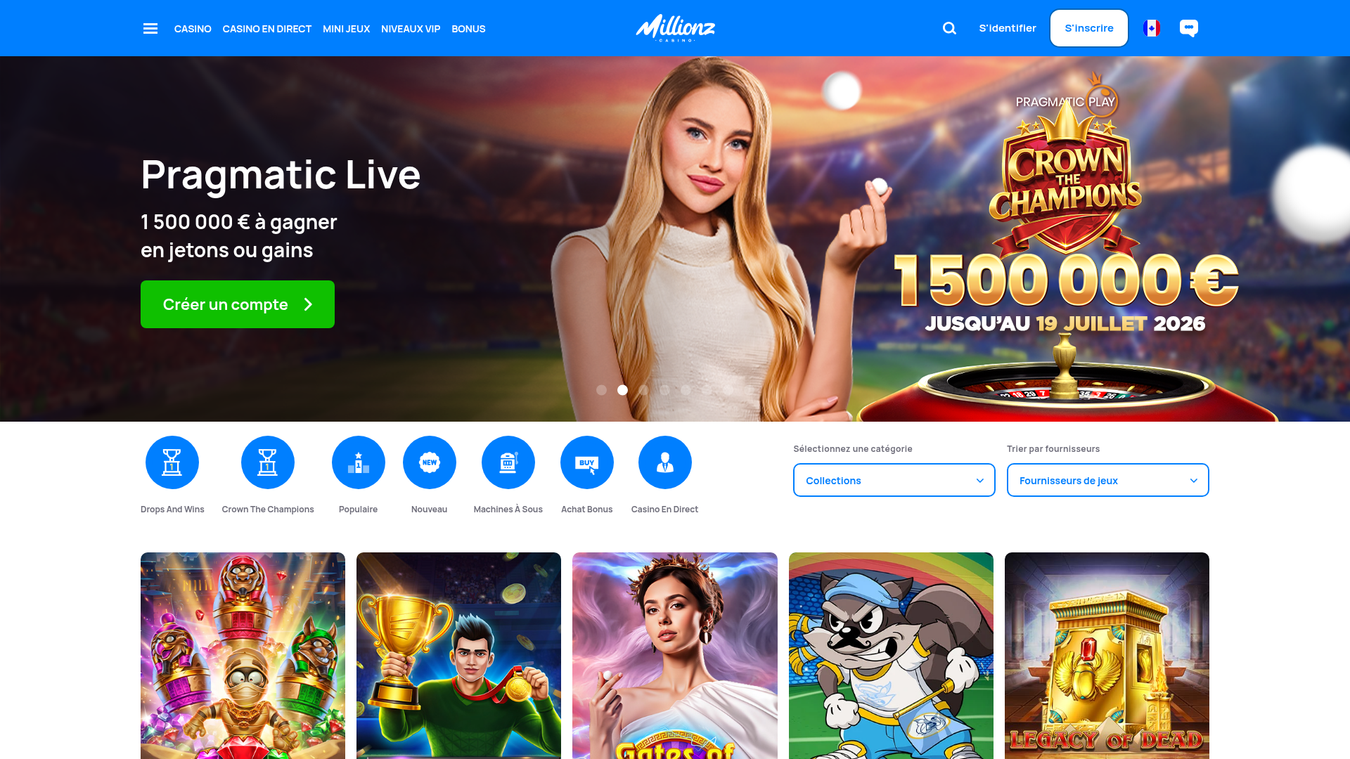Capture d'écran du site Millionz Casino