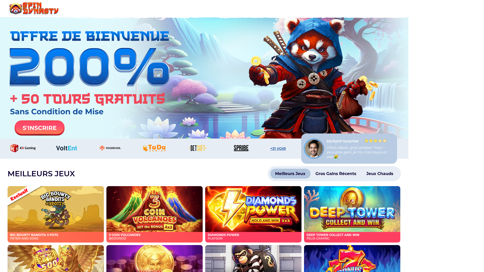 SpinDynasty met en avant ses bonus « sans condition de mise » — capture juillet 2026